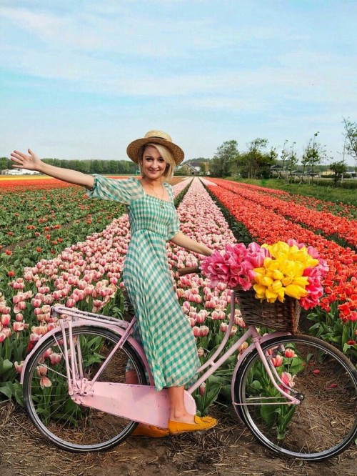 usměvavá blondýnka na kole - záhon tulipánů