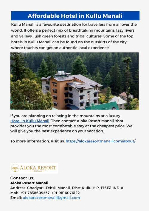 Get the best offers & deals on affordable hotels in Kullu Manali. Book luxury rooms online with great amenities at Aloka Resort Manali.
To know more about us: https://alokaresortmanali.com/about/