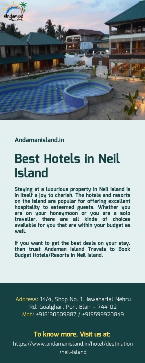 Choose the best hotel in Neil Island to make your stay memorable. We offer the top-class amenities and services at very low prices. Book now and get the amazing deals on budget & luxury hotels/resorts.
For more details visit our website: https://www.andamanisland.in/hotel/destination/neil-island