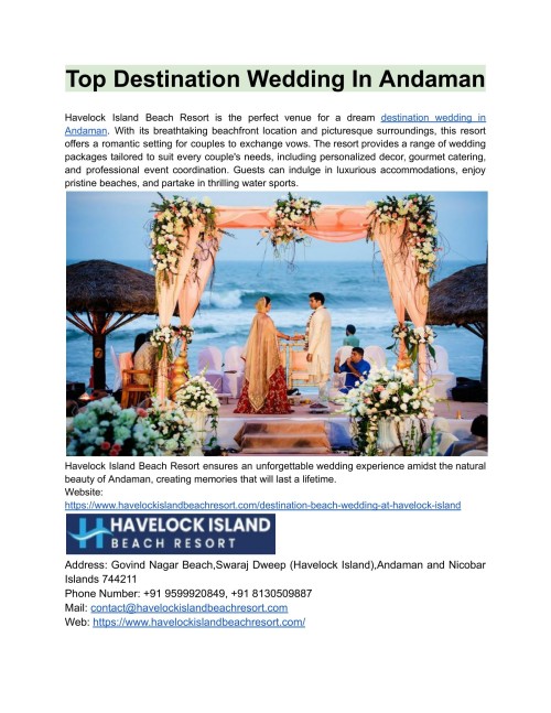Havelock Island Beach Resort is the ideal location for a romantic beach wedding in Andaman. They provide a beautiful setting and great services to produce amazing destination weddings, with stunning coastal views and luxurious lodgings.
Web: https://www.havelockislandbeachresort.com/destination-beach-wedding-at-havelock-island