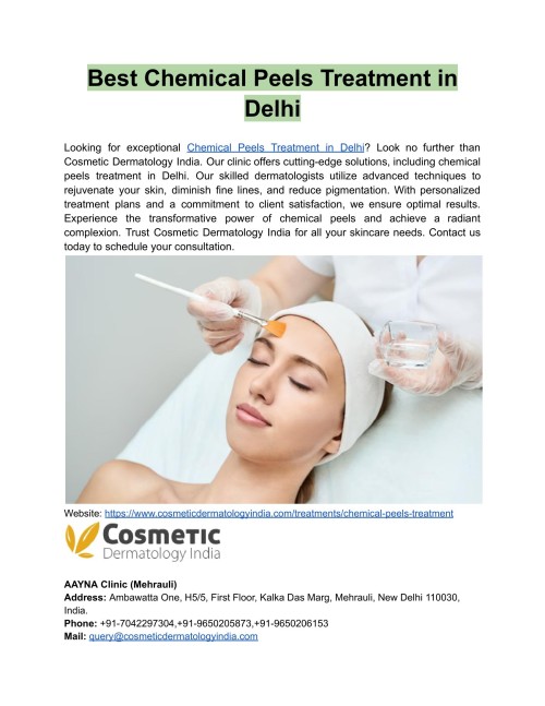 Best Chemical Peels Treatment in Delhi 
Cosmetic Dermatology India offers innovative Chemical Peels treatments in Delhi for perfect skin. Our professional doctors use cutting-edge procedures to revitalize your skin, revealing a more young and vibrant appearance. Discover the transforming power for yourself today!
Website: https://www.cosmeticdermatologyindia.com/treatments/chemical-peels-treatment