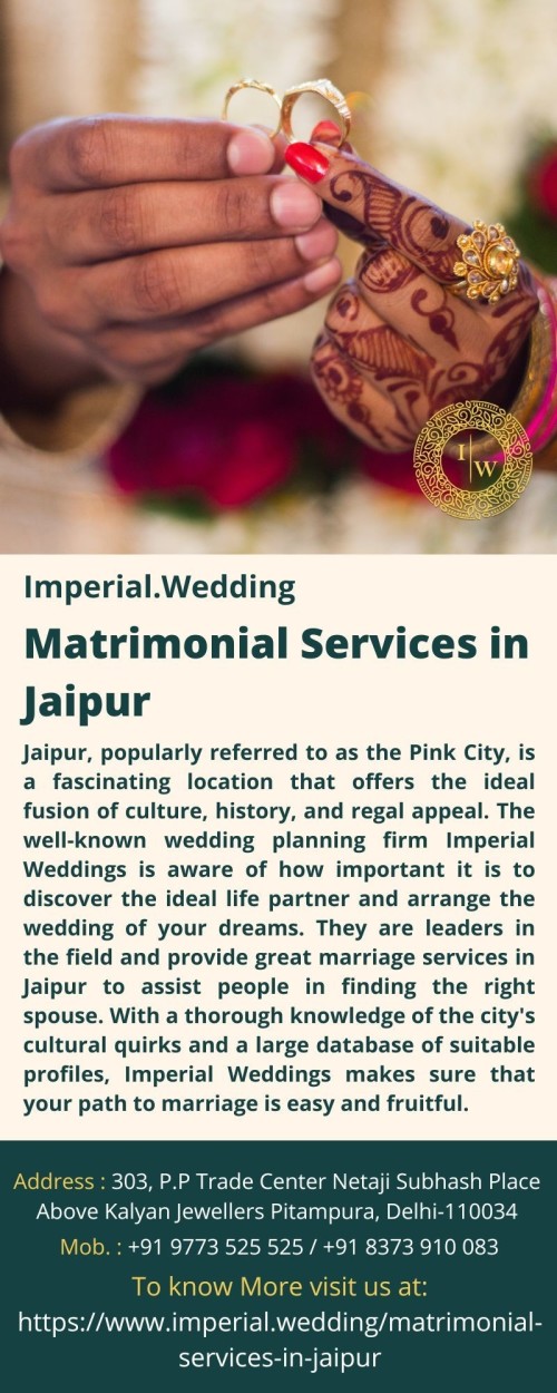 Jaipur, popularly referred to as the Pink City, is a fascinating location that offers the ideal fusion of culture, history, and regal appeal. The well-known wedding planning firm Imperial Weddings is aware of how important it is to discover the ideal life partner and arrange the wedding of your dreams. They are leaders in the field and provide great marriage services in Jaipur to assist people in finding the right spouse. 
For more details visit us at: https://www.imperial.wedding/matrimonial-services-in-jaipur
