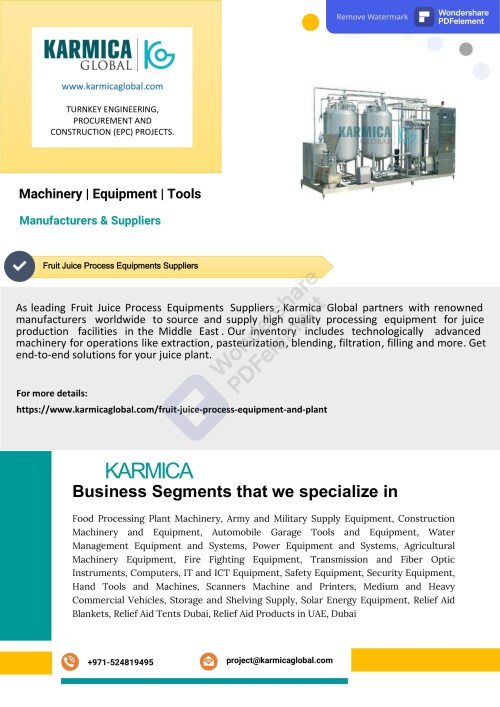 Karmica Global collaborates with top producers to provide juice manufacturing facilities with Fruit Juice Process Equipment of the highest calibre. Learn about the newest innovations in food processing from across the globe.
Website: https://www.karmicaglobal.com/fruit-juice-process-equipment-and-plant