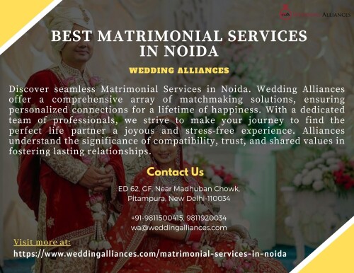 Discover seamless Matrimonial Services in Noida. Wedding Alliances offer a comprehensive array of matchmaking solutions, ensuring personalized connections for a lifetime of happiness. Trust us to be your guiding companion on the path to matrimonial bliss in Noida. For a transformative matrimonial journey visit https://www.weddingalliances.com/matrimonial-services-in-noida