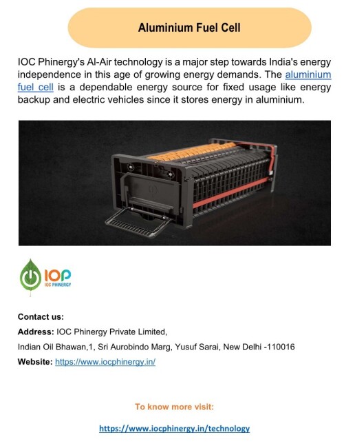 IOC Phinergy's Al-Air technology is a big step towards India's energy independence in this age of growing energy demands. This technique uses aluminium, which is abundant in India, as an energy carrier that can charge and release energy in a clean, safe manner. The aluminium fuel cell is a dependable energy source for stationary uses like energy backup and electric vehicles since it stores energy in aluminium.
For more info visit us at: https://www.iocphinergy.in/technology