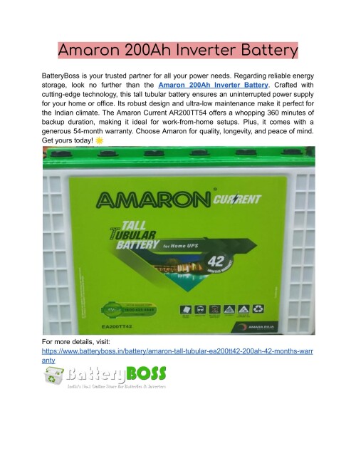 The Amaron 200Ah Inverter Battery, a dependable option for continuous power, is available at BatteryBoss. 54-month warranty, 360-minute backup, and extremely little maintenance. You must go to the website to learn more.
Website: https://www.batteryboss.in/battery/amaron-tall-tubular-ea200tt42-200ah-42-months-warranty