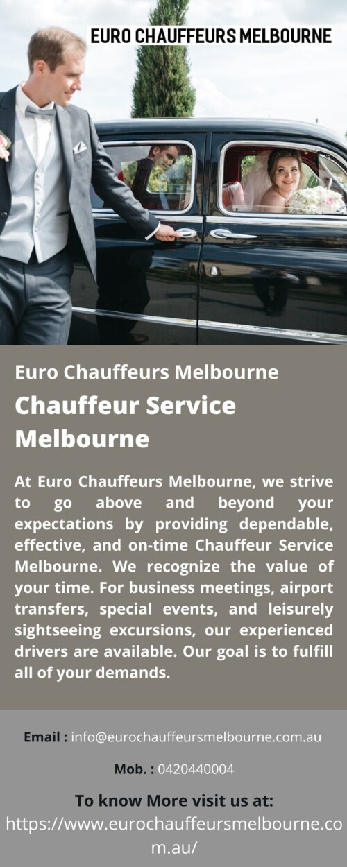At Euro Chauffeurs Melbourne, we strive to go above and beyond your expectations by providing dependable, effective, and on-time Chauffeur Service Melbourne. We recognize the value of your time. For business meetings, airport transfers, special events, and leisurely sightseeing excursions, our experienced drivers are available. Our goal is to fulfill all of your demands.
For more details visit us at: https://www.eurochauffeursmelbourne.com.au/