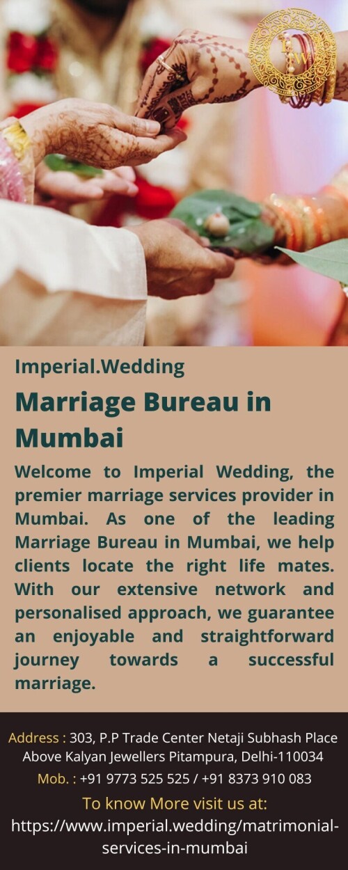Welcome to Imperial Wedding, the premier marriage services provider in Mumbai. As one of the leading Marriage Bureau in Mumbai, we help clients locate the right life mates. With our extensive network and personalised approach, we guarantee an enjoyable and straightforward journey towards a successful marriage.
For more details visit us at: https://www.imperial.wedding/matrimonial-services-in-mumbai