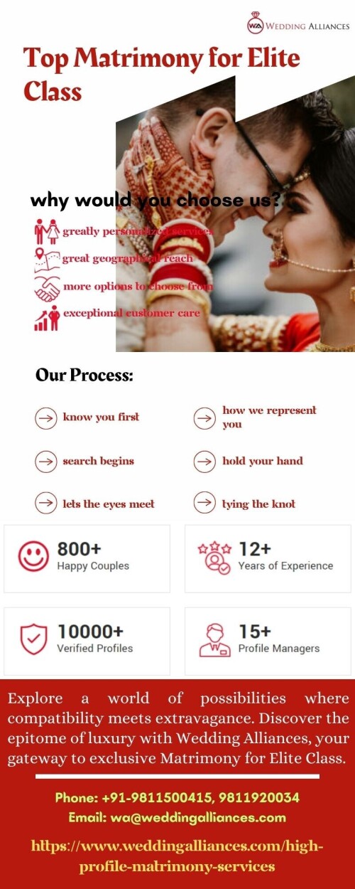Explore a world of possibilities where compatibility meets extravagance. Discover the epitome of luxury with Wedding Alliances, your gateway to exclusive Matrimony for Elite Class. Our platform caters to those accustomed to opulence, ensuring personalized matchmaking experiences that reflect your affluent lifestyle. Click to learn more information at https://www.weddingalliances.com/high-profile-matrimony-services