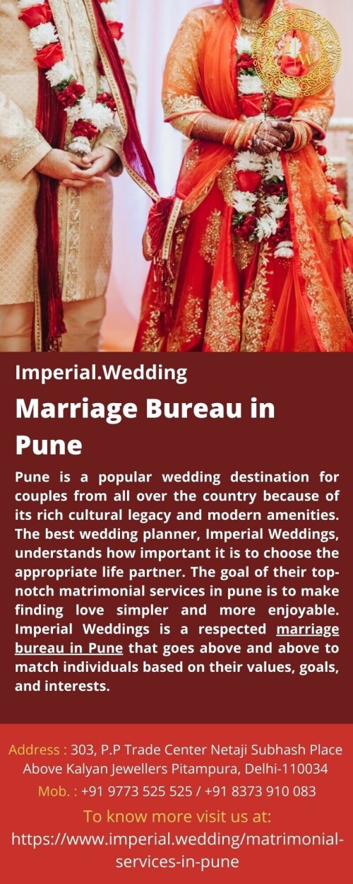 Pune is a popular wedding destination for couples from all over the country because of its rich cultural legacy and modern amenities. The best wedding planner, Imperial Weddings, understands how important it is to choose the appropriate life partner. The goal of their top-notch matrimonial services in pune is to make finding love simpler and more enjoyable. Imperial Weddings is a respected marriage bureau in Pune that goes above and above to match individuals based on their values, goals, and interests.
For more details visit us at: https://www.imperial.wedding/matrimonial-services-in-pune