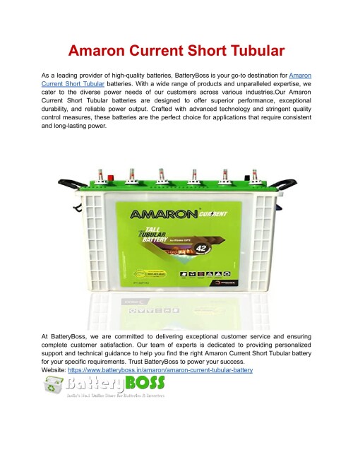 Your Trusted Source for Amaron Current Short Tubular Batteries is BatteryBoss. We supply premium Amaron Current Short Tubular batteries to meet a variety of power requirements and uses.
Website: https://www.batteryboss.in/amaron/amaron-current-tubular-battery
