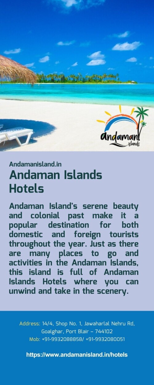Andaman Island's serene beauty and colonial past make it a popular destination for both domestic and foreign tourists throughout the year. Just as there are many places to go and activities in the Andaman Islands, this island is full of Andaman Islands Hotels where you can unwind and take in the scenery.
For more details visit us at: https://www.andamanisland.in/hotels