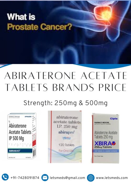 Discover a breakthrough in prostate cancer treatment with Generic Abiraterone Tablets Thailand. This potent medication is designed to combat metastatic castration-resistant prostate cancer (mCRPC) effectively. Each tablet contains 500mg of Abiraterone 250mg Tablets Cost Malaysia, a potent androgen biosynthesis inhibitor. Backed by clinical studies, Abiraterone 250mg Tablets Price Dubai has demonstrated significant efficacy in managing mCRPC. Empower your journey against prostate cancer with Buy Abiraterone 250mg Tablets Singapore. Worldwide shipping available USA, UAE, UK, Philippines, Thailand, Malaysia, Singapore, Dubai, Saudi Arabia, Russia, Vietnam, Indonesia, Taiwan, Hong Kong...Outside of India. Don't let cancer hold you back. Trust our reliable supply of Abiraterone 250mg Tablets Online China for your treatment needs. Call or email us today! For inquiries, pricing, and placing orders, please contact us at Call/WhatsApp/Viber: +91-7428091874, WeChat/Skype: Letsmeds, Email: letsmeds@gmail.com, Website: www.letsmeds.com.