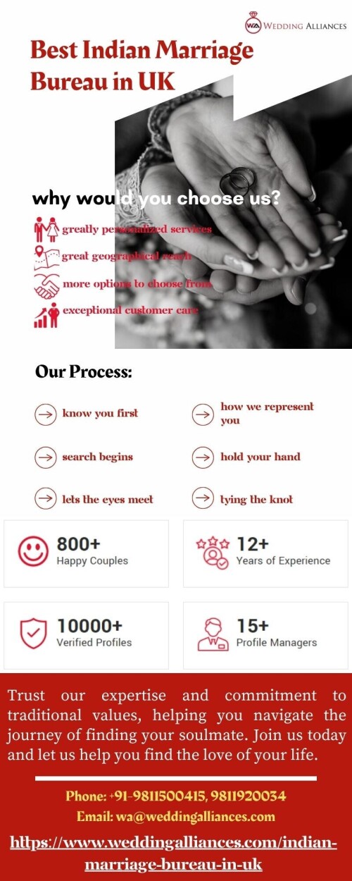 Discover the best Indian marriage bureau in the UK with our exceptional Indian matrimonial services. Wedding Alliances specialize in uniting hearts and creating lifelong partnerships. Our extensive database and personalized matchmaking approach ensure you find your perfect match. Trust our expertise and commitment to traditional values, helping you navigate the journey of finding your soulmate. Click to learn more at https://www.weddingalliances.com/indian-marriage-bureau-in-uk