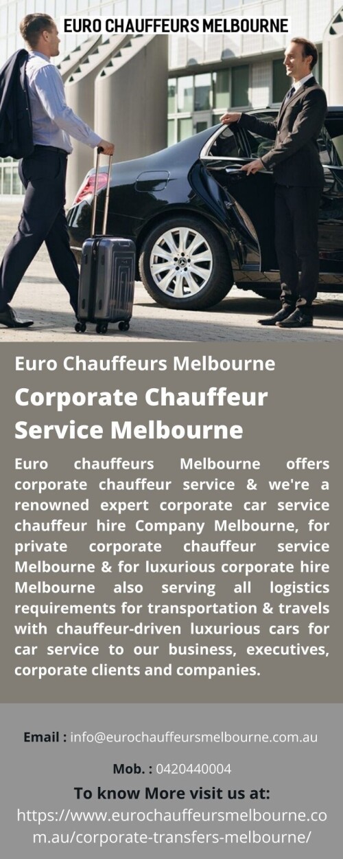 Apart from offering opulent corporate hiring services and exclusive Corporate Chauffeur Service Melbourne, EuroChauffeurs Melbourne also manages all transportation-related logistics and chauffeurs high-end vehicles for business, executives, and corporate clients and companies.
For more details visit us at: https://www.eurochauffeursmelbourne.com.au/corporate-transfers-melbourne/