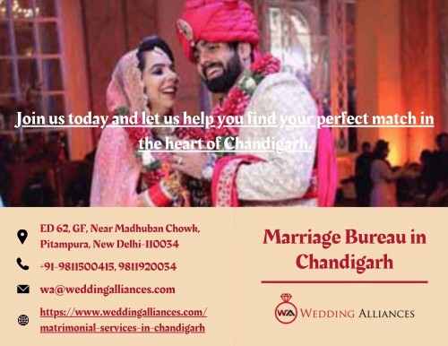 Join us today and let us help you find your perfect match in the heart of Chandigarh. Wedding Alliances, your trusted Marriage Bureau in Chandigarh. Experience the pinnacle of matrimonial services with us. Our dedicated team ensures personalized matches, aligning with your preferences and values. As the epitome of the best matrimonial services in Chandigarh, we foster meaningful connections that last a lifetime. Click to learn more at https://www.weddingalliances.com/matrimonial-services-in-chandigarh