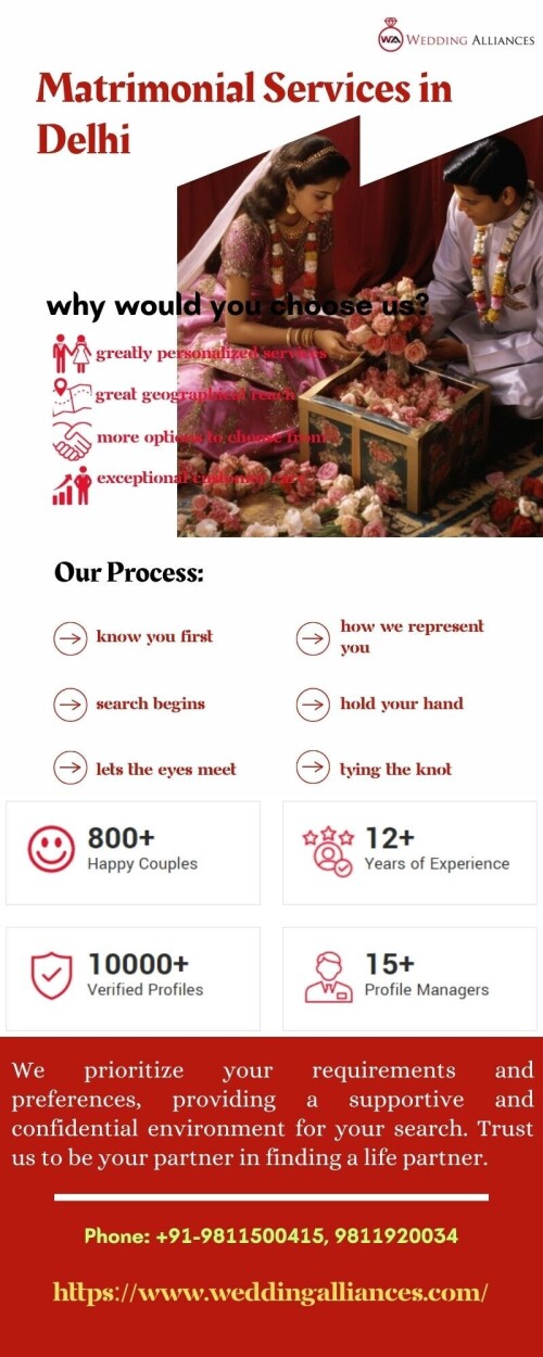 Wedding Alliances offers premier Matrimonial Services in Delhi, ensuring personalized and comprehensive matchmaking solutions. Our extensive database caters to diverse preferences and backgrounds, ensuring a wide selection of potential partners. To begin your journey towards a fulfilling and harmonious marriage visit at https://www.weddingalliances.com/