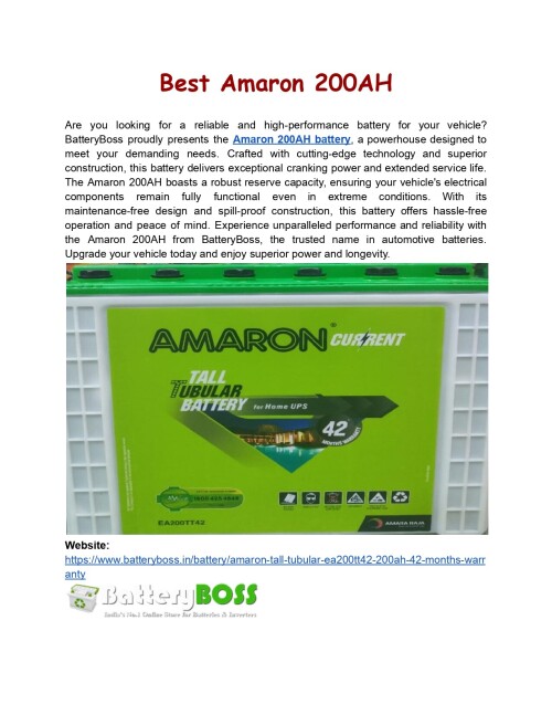 Upgrade your vehicle with BatteryBoss' highly rated Amaron 200AH battery. It is robust and long-lasting, providing unrivaled power and performance. Buy today 
Website: https://www.batteryboss.in/battery/amaron-tall-tubular-ea200tt42-200ah-42-months-warranty