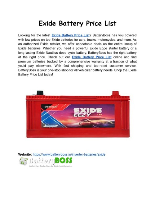 Check out BatteryBoss for the most recent Exide Battery Price List and amazing savings on popular brands. We provide speedy shipment and skilled advice.
Website: https://www.batteryboss.in/inverter-batteries/exide