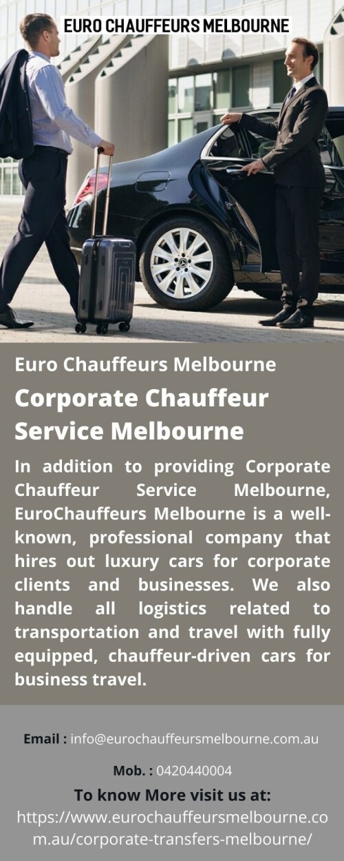 In addition to providing Corporate Chauffeur Service Melbourne, EuroChauffeurs Melbourne is a well-known, professional company that hires out luxury cars for corporate clients and businesses. We also handle all logistics related to transportation and travel with fully equipped, chauffeur-driven cars for business travel.
For more details visit us at: https://www.eurochauffeursmelbourne.com.au/corporate-transfers-melbourne/