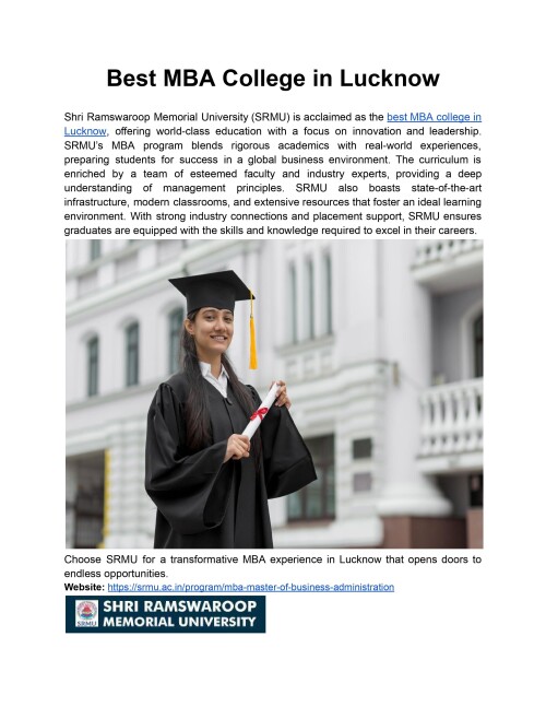 Shri Ramswaroop Memorial University is Lucknow's premier MBA college, providing world-class education and excellent employment chances.
Website: https://srmu.ac.in/program/mba-master-of-business-administration