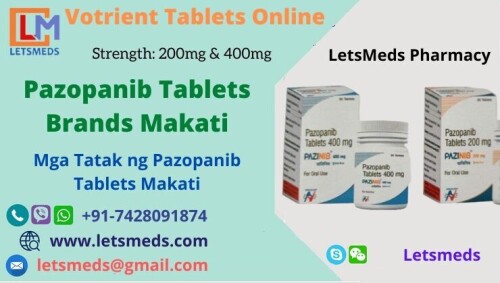 Are you looking for an affordable option for Pazopanib 200mg Tablets without compromising on quality? Look no further! LetsMeds offers the best value on Indian Pazopanib 200mg Tablets Manila, allowing you to save money while receiving reliable relief. Generic Pazopanib 200mg Tablets Cebu City is prescribed for patients with advanced renal cell carcinoma and advanced soft tissue sarcoma who have received prior chemotherapy. It is recommended to take Pazopanib 200mg Tablets Cost Philippines on an empty stomach, at least one hour before or two hours after a meal. With worldwide shipping options, it has never been easier to incorporate this life-changing medication into your treatment plan. LetsMeds specializes in providing affordable, high-quality medication to customers across Quezon City, Manila, Davao City, Caloocan, Cebu City, Zamboanga City, Taguig, Antipolo, Cavite City, Tagbilaran, Navotas, Malabon, Dagupan sa Pangasinan, Naga sa Camarines Sur, and Ormo. For more details or to Purchase Pazopanib 200mg Tablets Makati, please contact Call/WhatsApp/Viber: +91-7428091874, WeChat/Skype: Letsmeds, Email: letsmeds@gmail.com, Website: www.letsmeds.com.