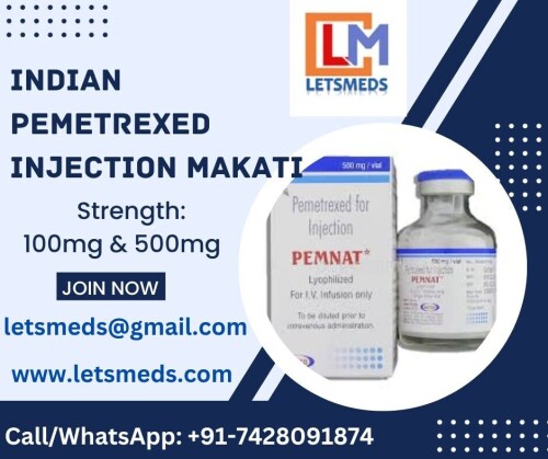 Patients from all corners of the globe rely on LetsMeds Pharmacy to help them find better information and prices for their medications. At LetsMeds Pharmacy, we understand the importance of affordable solutions and genuine medications, which is why patients need not worry about the LetsMeds cost. Indian Pemetrexed Injection Philippines is classified as an antimetabolite chemotherapy agent. In this article, we explore why LetsMeds is the best place to Buy Pemetrexed 100mg Injection Makati ensuring that patients receive the best deals and convenient service. Patients in the Philippines Territories of Quezon City, Manila, Davao, Caloocan, Cebu City, and Zamboanga City can obtain Generic Pemetrexed Injection Cebu City. Fight cancer effectively with Pemetrexed 100mg Injection Cost Manila. Contact us today Call/WhatsApp/Viber: +91-7428091874, WeChat/Skype: Letsmeds, Email: letsmeds@gmail.com, Website: www.letsmeds.com.