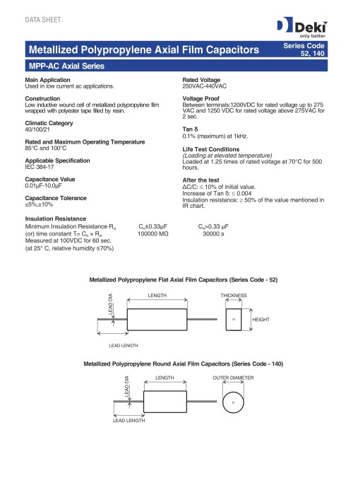 Deki Electronics is an expert in producing premium MPP capacitors with dependable application performance. You may rely on our sophisticated technology and experience to precisely and enduringly fulfil your needs for capacitors. 
Website: https://www.dekielectronics.com/pdf/products/(21)-52-140-Metallized-Polypropylene-Axial-Film-Capacitors-MPP-AC-Series-REV.pdf