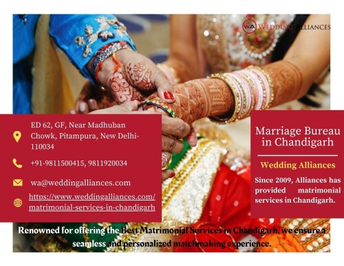 Find the top Marriage Bureau in Chandigarh. Visit Wedding Alliances, your ultimate destination for finding the perfect match. Renowned for offering the Best Matrimonial Services in Chandigarh, we ensure a seamless and personalized matchmaking experience. Our extensive database, professional team, and customized approach cater to all your preferences and requirements. To know more visit https://www.weddingalliances.com/matrimonial-services-in-chandigarh