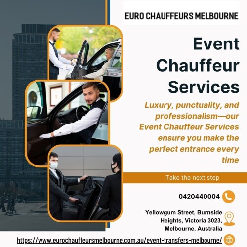 Event Chauffeur Services by Euro Chauffeurs Melbourne offers luxury transport for special occasions. With professional drivers and premium vehicles, arrive in style and on time for weddings, corporate events, or celebrations. Experience elegance and comfort effortlessly.

Visit:-https://www.eurochauffeursmelbourne.com.au/event-transfers-melbourne/