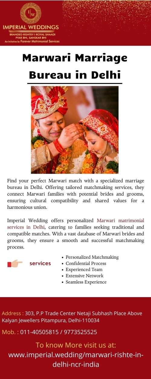 Imperial Wedding is the premier Marwari matrimonial service in Delhi, offering personalised matchmaking for Marwari families. Their extensive network and expertise ensure culturally compatible and successful marriages, tailored to your preferences and traditions.
To know more visit:-https://www.imperial.wedding/marwari-rishte-in-delhi-ncr-india