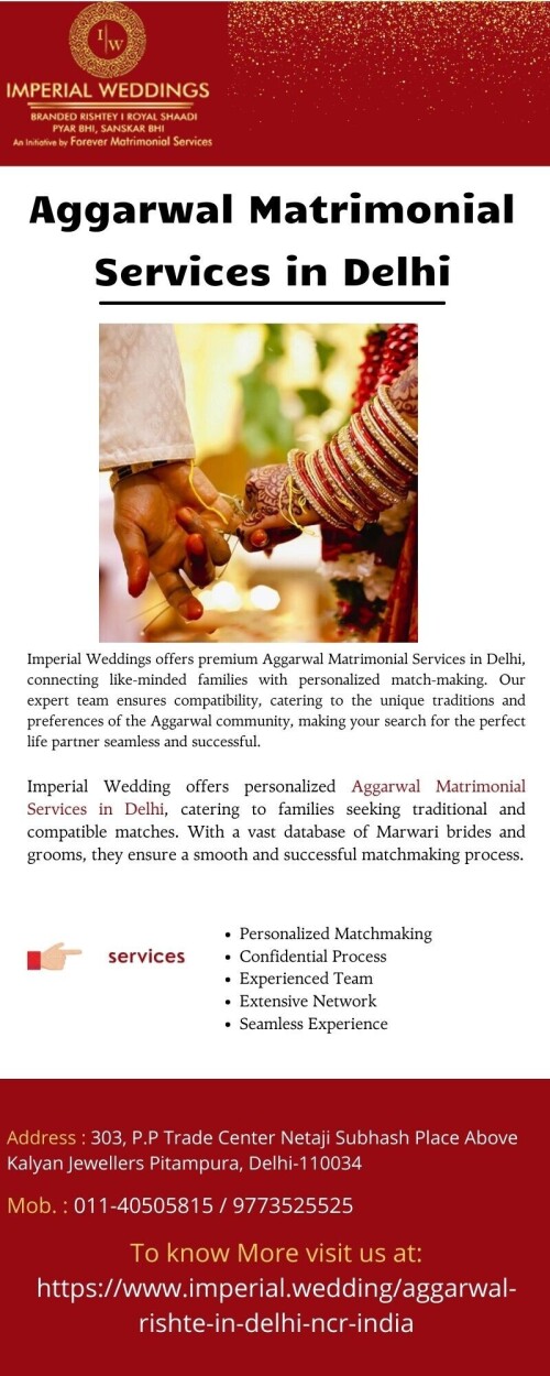 Imperial Weddings offers premium Aggarwal Matrimonial Services in Delhi, connecting like-minded families with personalized match-making. Our expert team ensures compatibility, catering to the unique traditions and preferences of the Aggarwal community, making your search for the perfect life partner seamless and successful.

To know more visit:-https://www.imperial.wedding/aggarwal-rishte-in-delhi-ncr-india